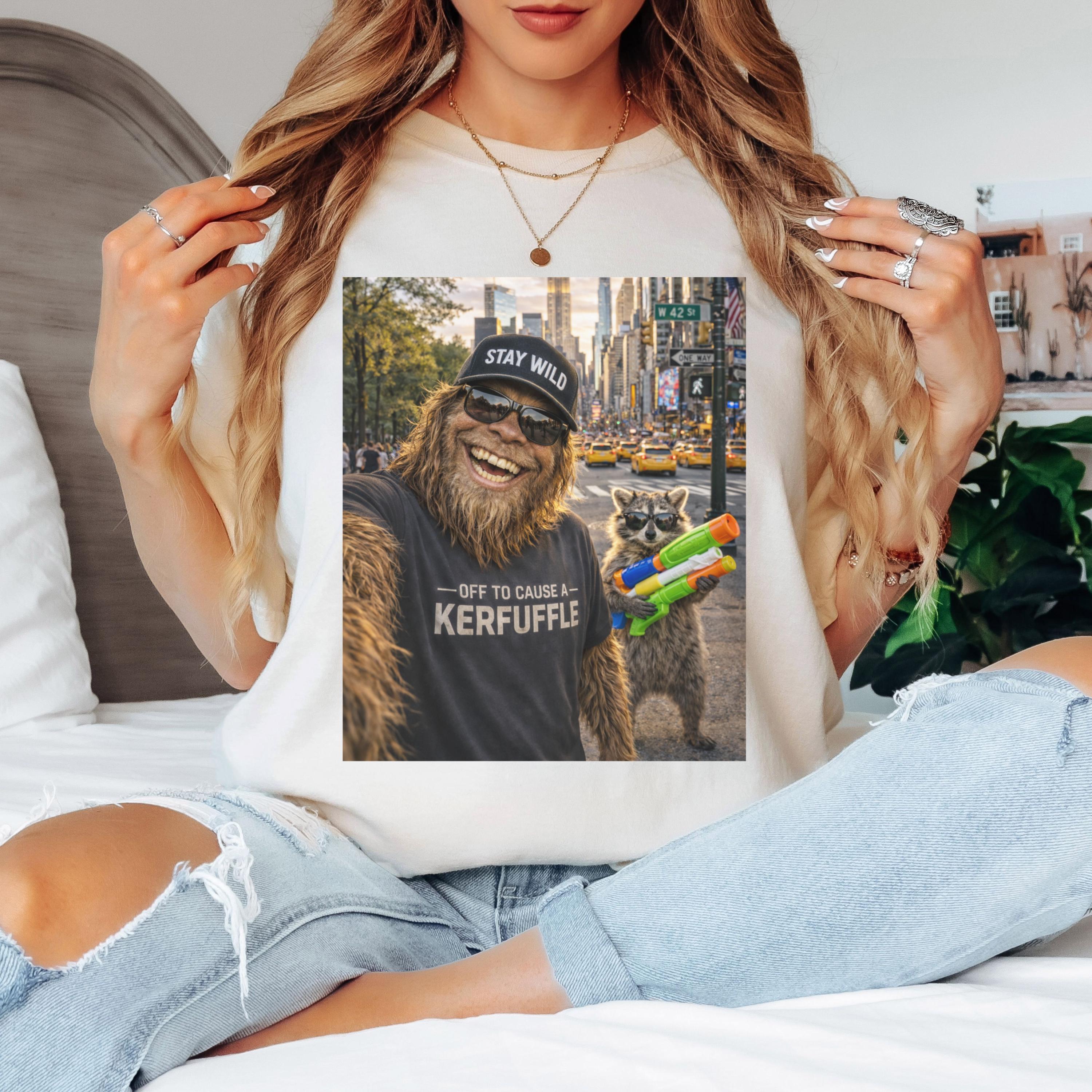 Off To Cause A Kerfuffle Comfort Colors Shirt, Funny Raccoon Bigfoot Graphic Tee, Sasquatch Cryptid Shirt
