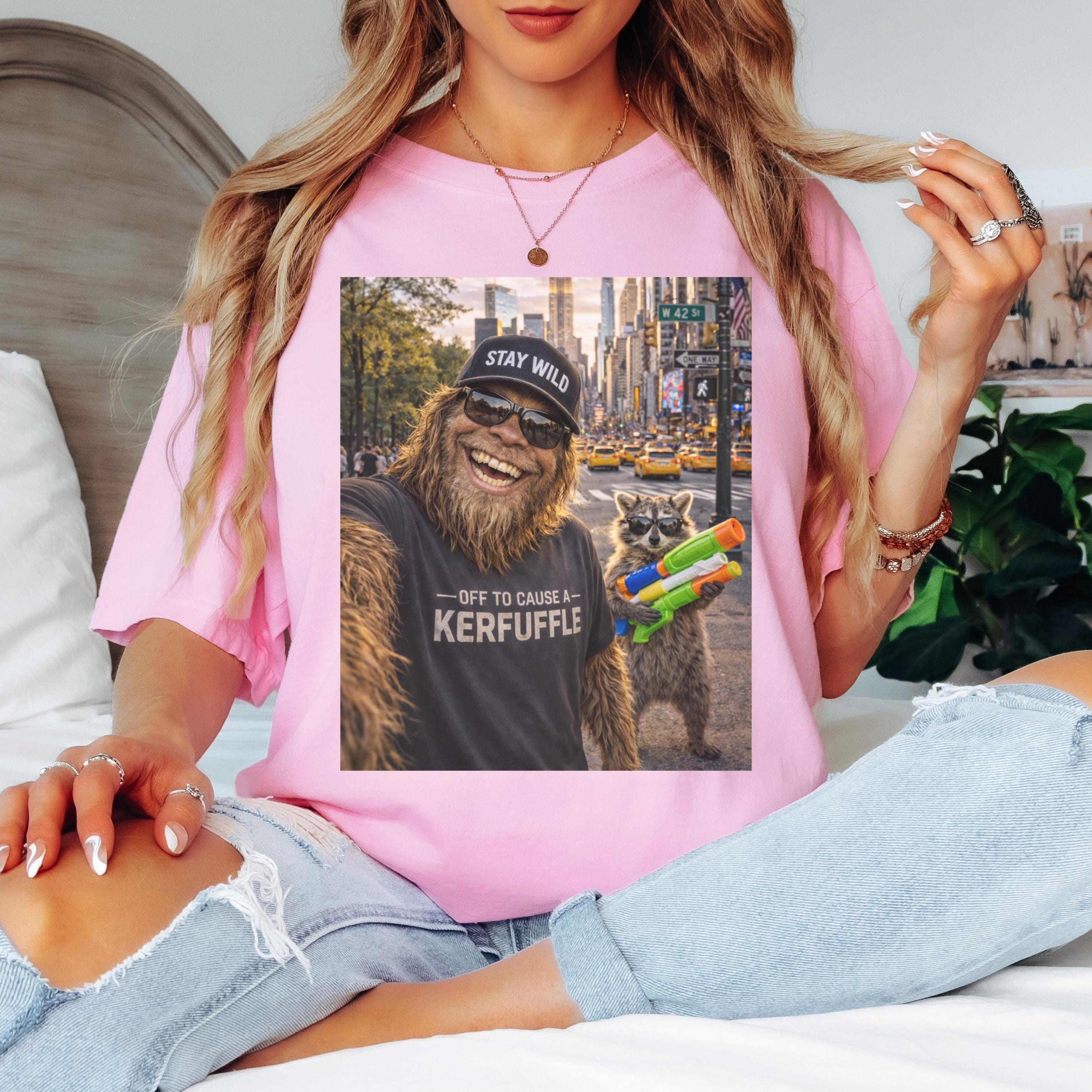Off To Cause A Kerfuffle Comfort Colors Shirt, Funny Raccoon Bigfoot Graphic Tee, Sasquatch Cryptid Shirt