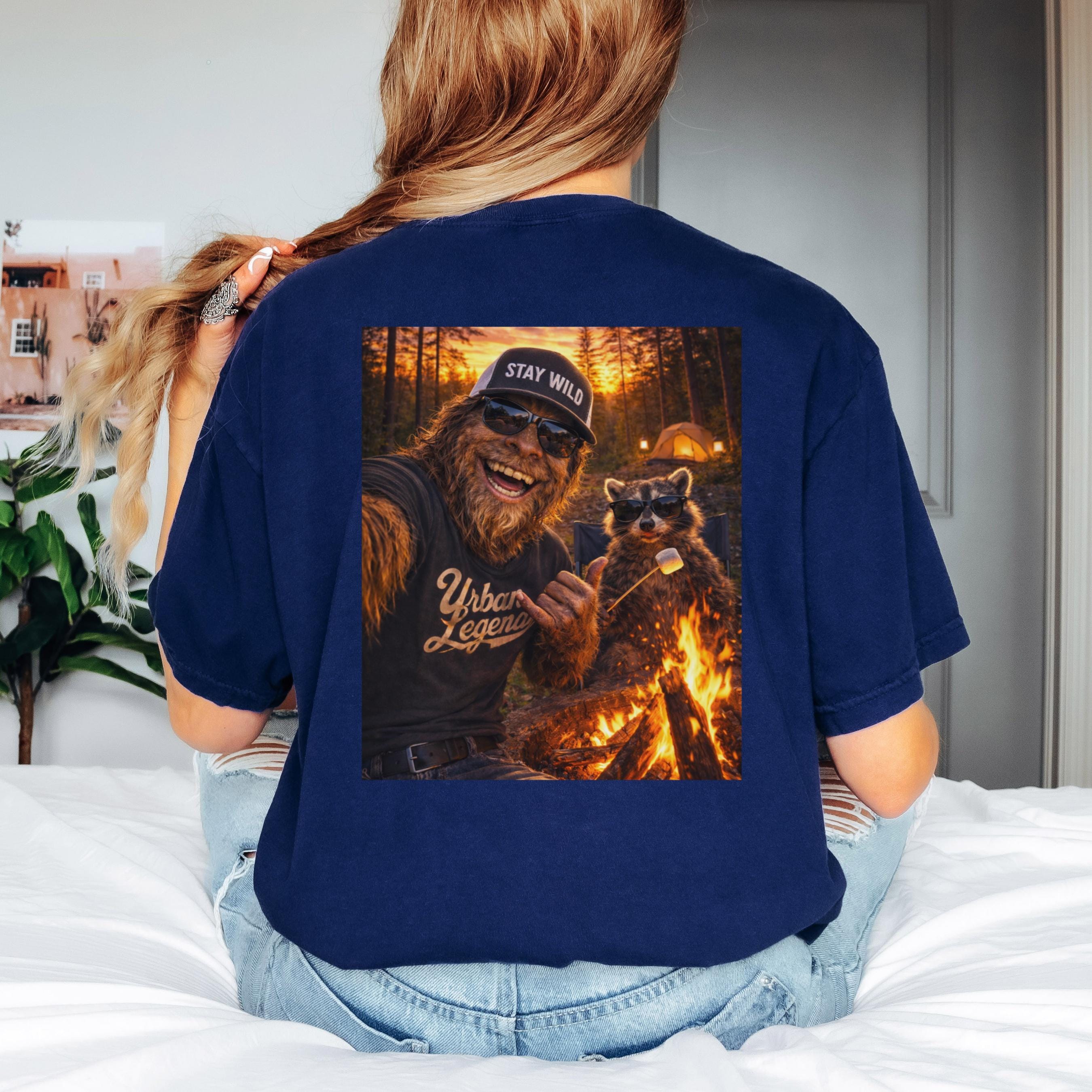 Camping Shirt, Funny Raccoon Bigfoot Tee, Sasquatch Campfire Graphic Shirt Cotton