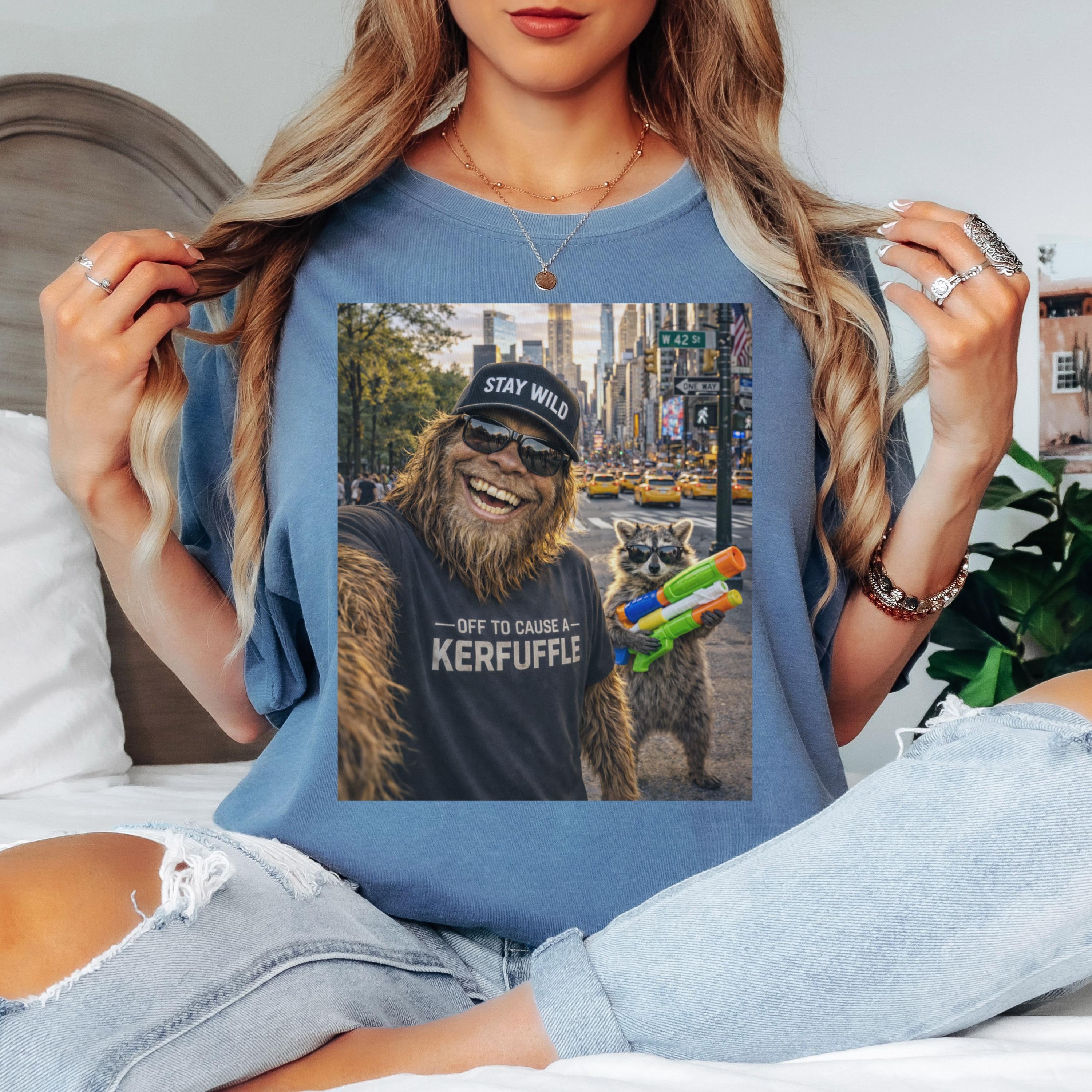 Off To Cause A Kerfuffle Comfort Colors Shirt, Funny Raccoon Bigfoot Graphic Tee, Sasquatch Cryptid Shirt