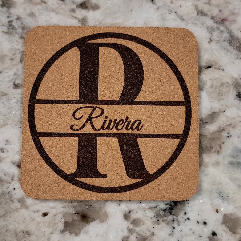 Personalized Monogram Coasters – Set of 4 Cork or Slate gift-ready set view