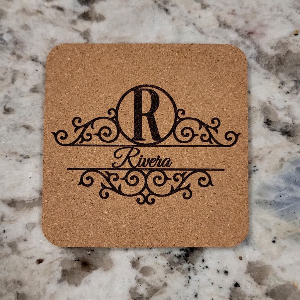Personalized Monogram Coasters – Set of 4 Cork or Slate personalization close up