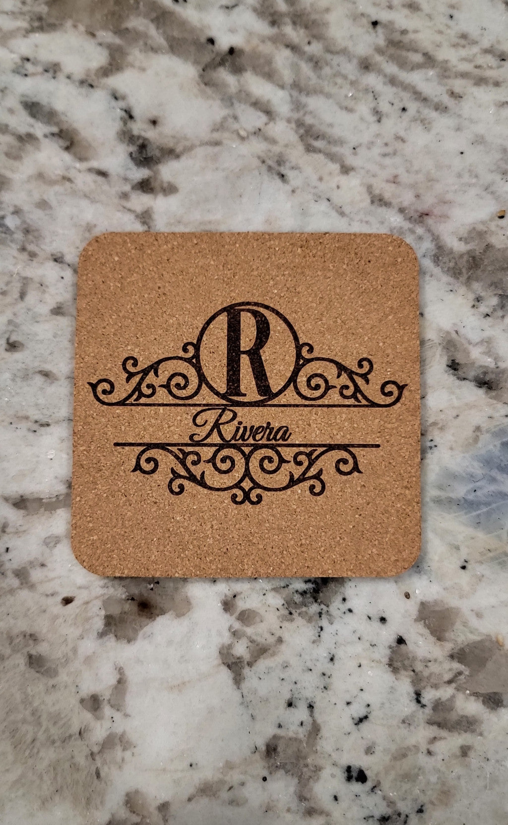 Personalized Monogram Coasters – Set of 4 Cork or Slate personalization close up