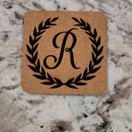Personalized Monogram Coasters – Set of 4 Cork or Slate engraved glass detail
