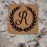 Personalized Monogram Coasters – Set of 4 Cork or Slate engraved glass detail