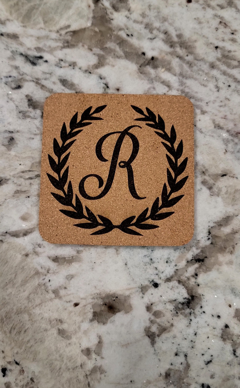 Personalized Monogram Coasters – Set of 4 Cork or Slate engraved glass detail