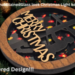 Layered wood lineman ornament detail with Merry Christmas design