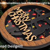 Layered wood lineman ornament detail with Merry Christmas design