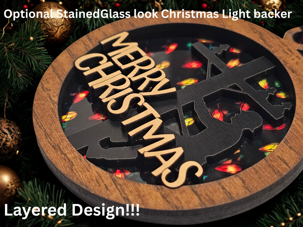 Layered wood lineman ornament detail with Merry Christmas design