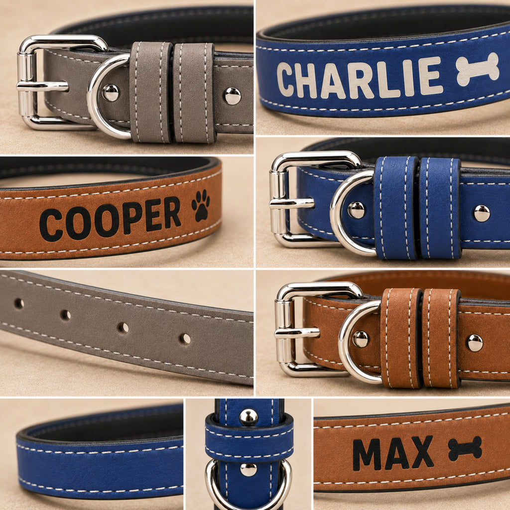 Leatherette pet collar detail showing buckle hardware stitching and personalized name examples