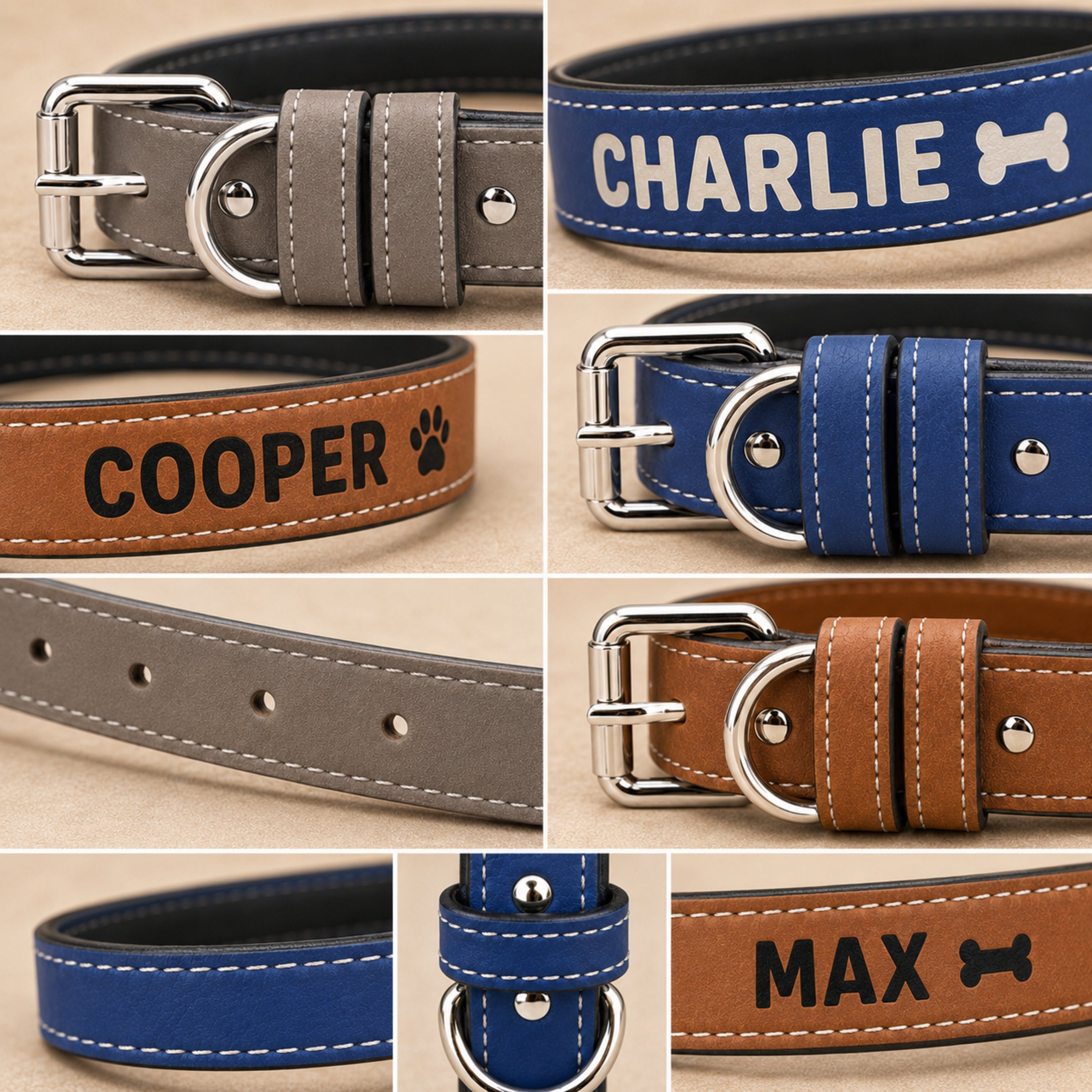 Leatherette pet collar detail showing buckle hardware stitching and personalized name examples