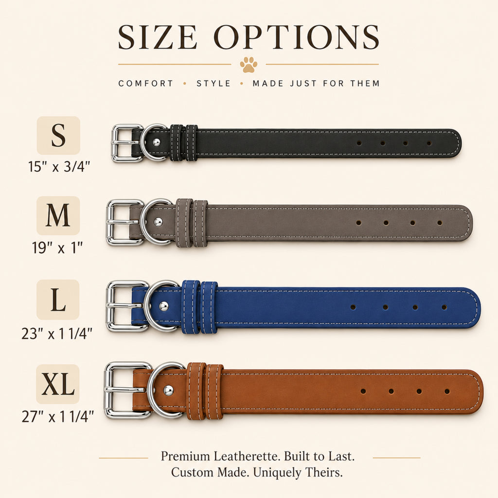 Leatherette pet collar size options chart for small medium large and XL collars