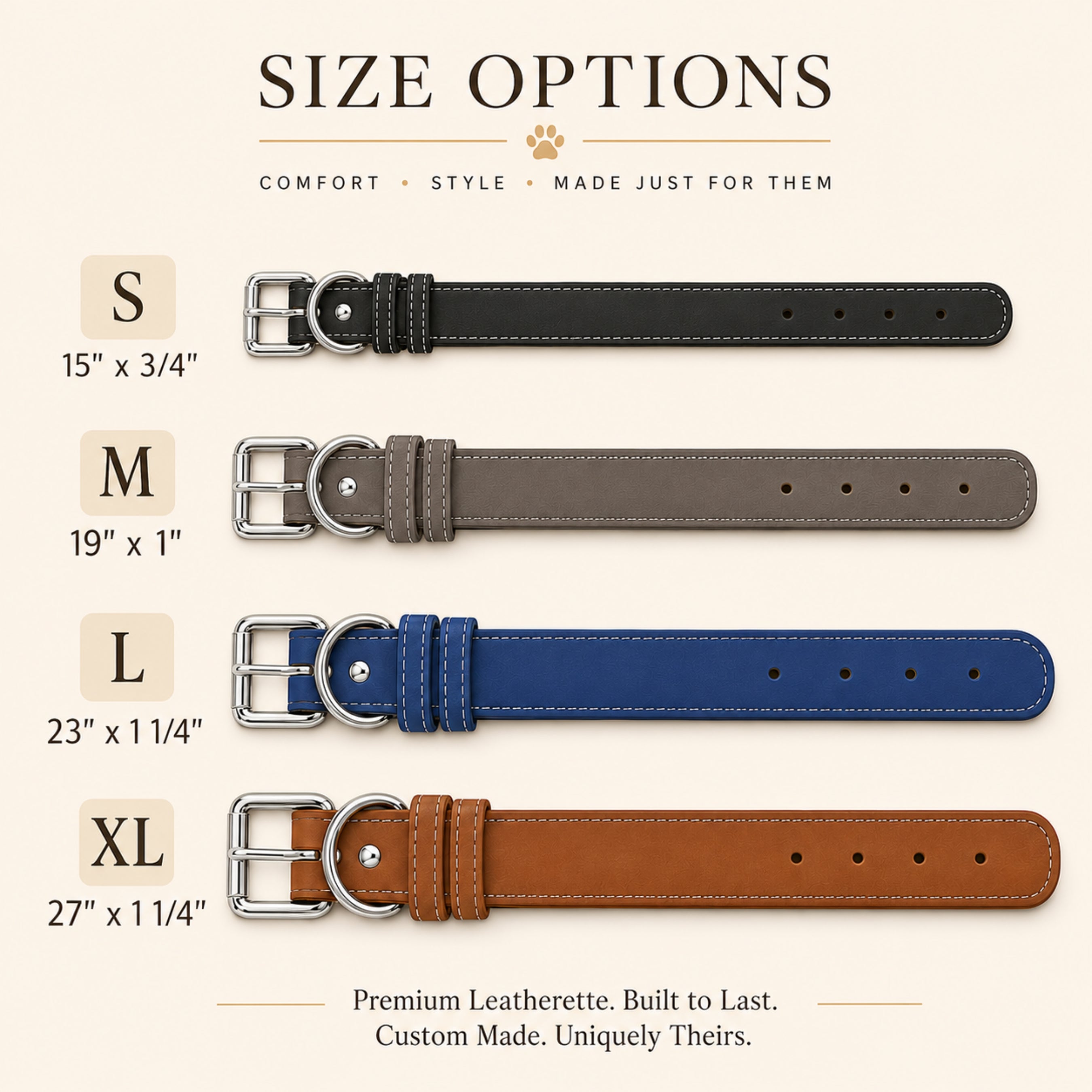 Leatherette pet collar size options chart for small medium large and XL collars