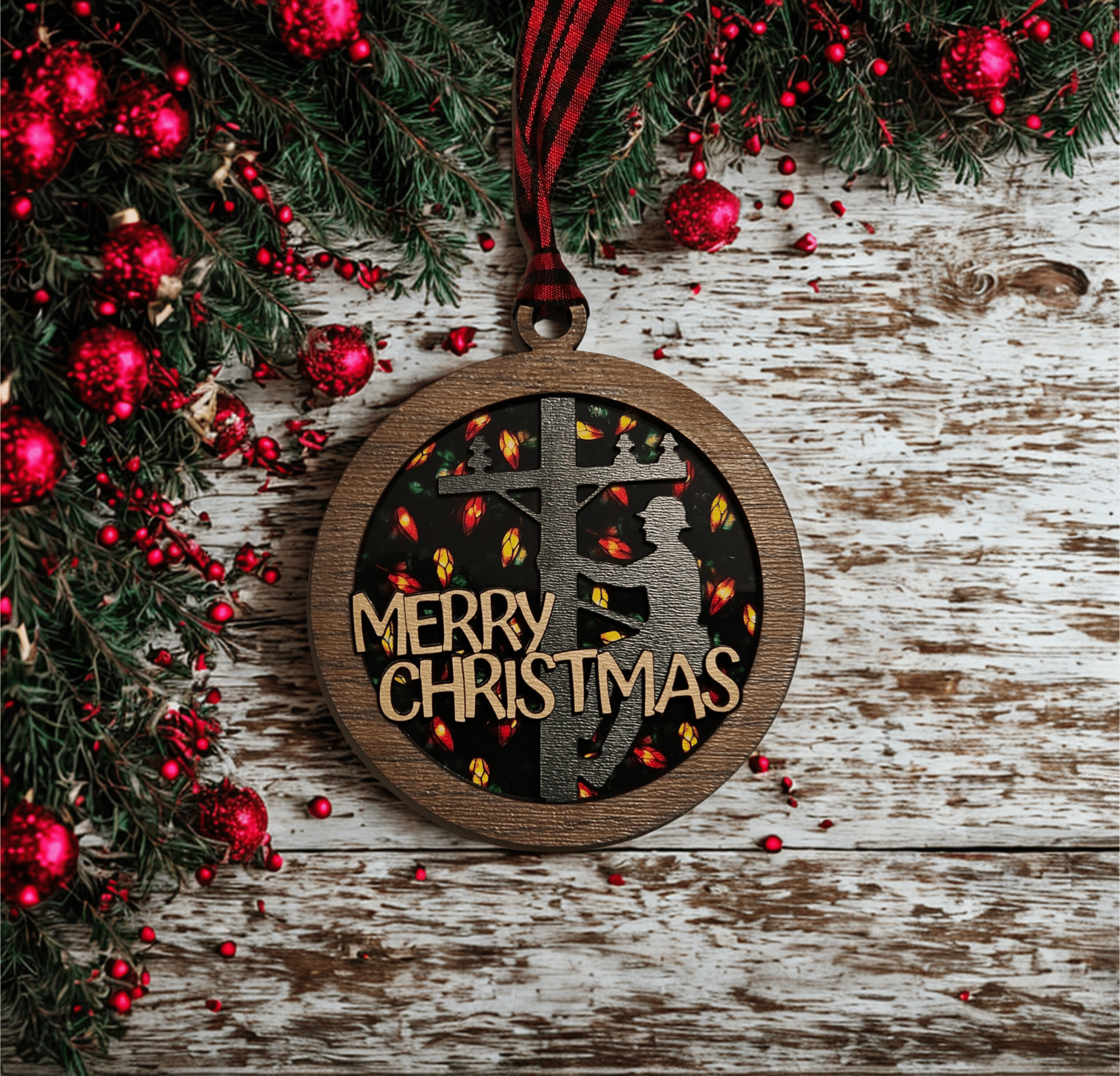 Lineman Christmas ornament hanging on tree as holiday gift for utility workers