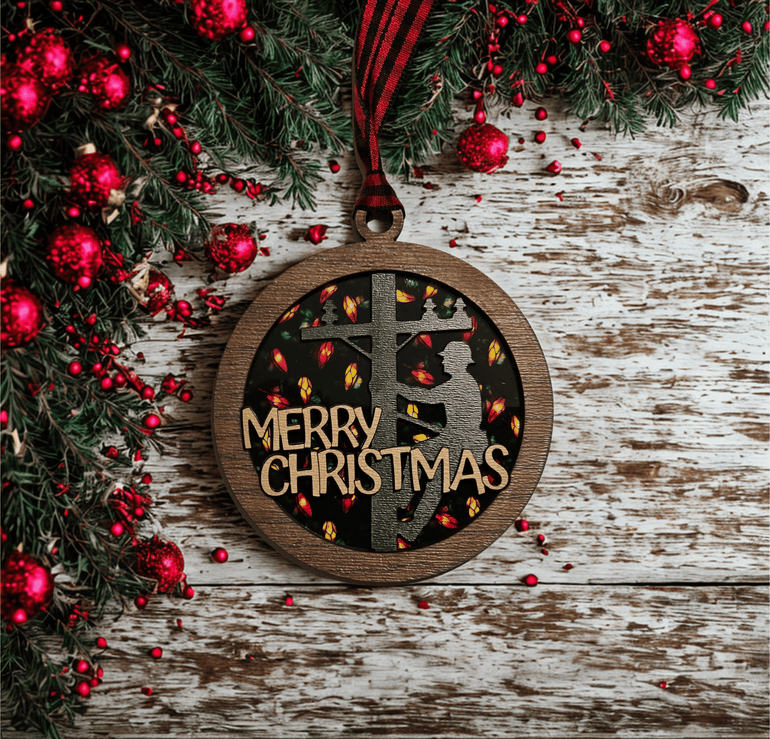 Lineman Christmas ornament hanging on tree as holiday gift for utility workers