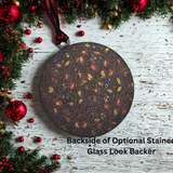 Decorative backing detail on lineman Christmas ornament with stained glass inspired design