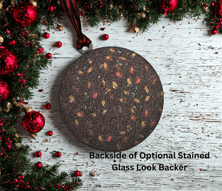 Decorative backing detail on lineman Christmas ornament with stained glass inspired design