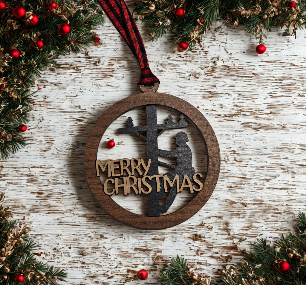 Open back lineman ornament made from layered wood for Christmas tree display