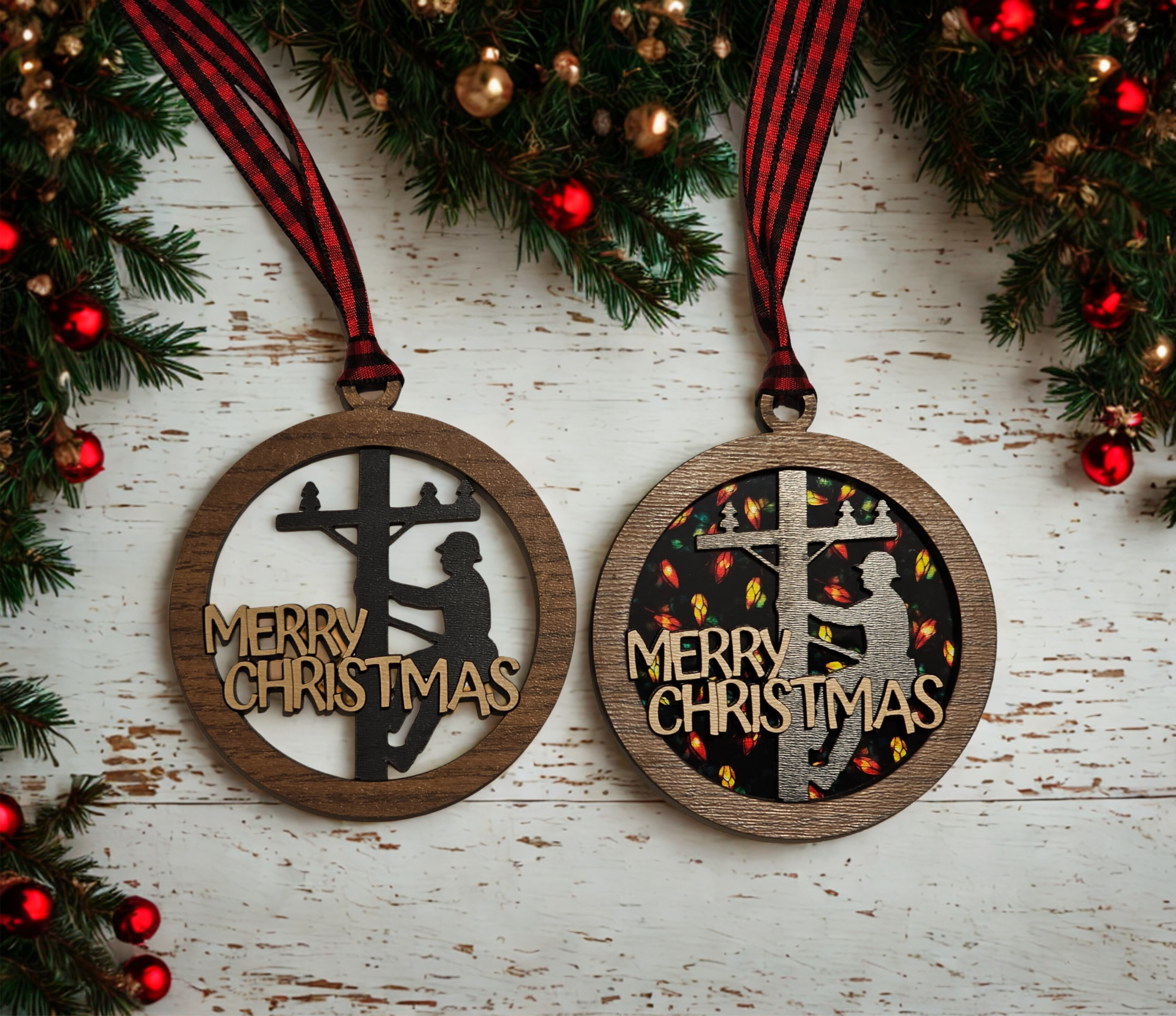 Lineman ornament options showing standard open back and decorative backing styles