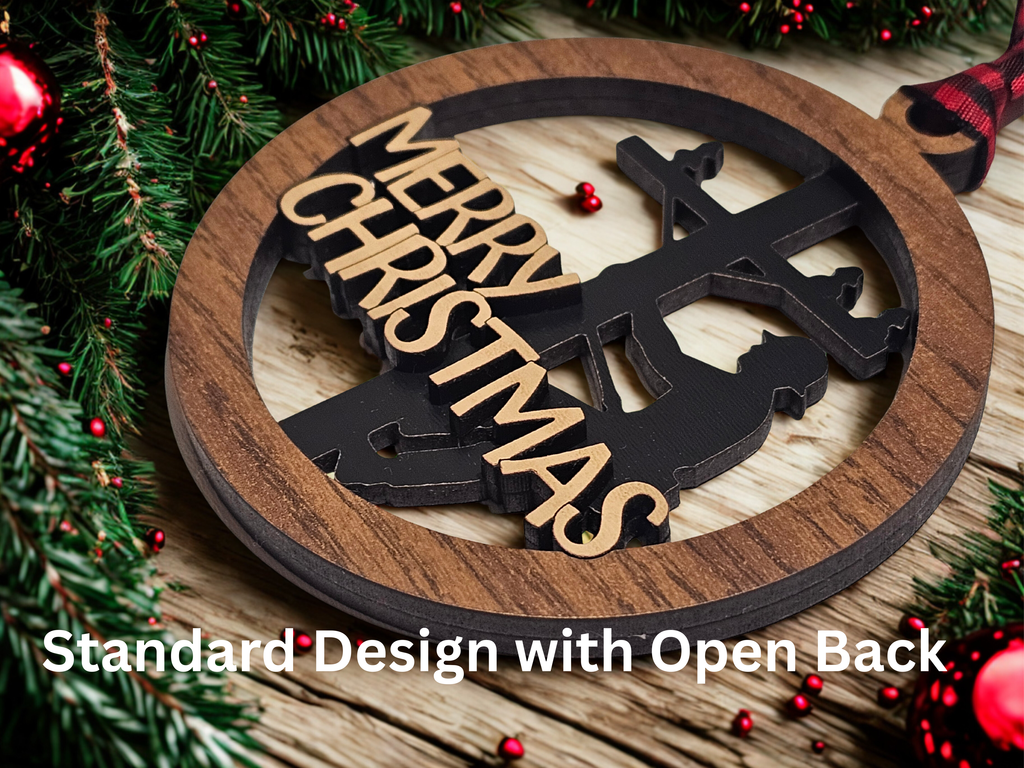 Standard lineman Christmas ornament with open back layered wood design