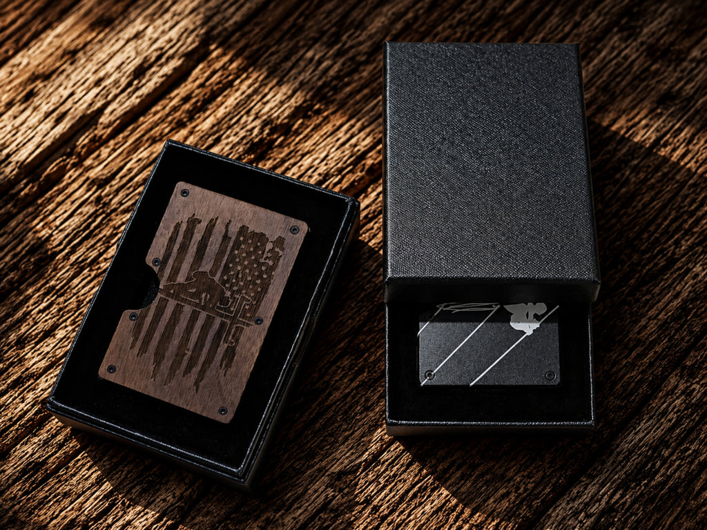 Personalized lineman wallet money clip shown with black gift box packaging