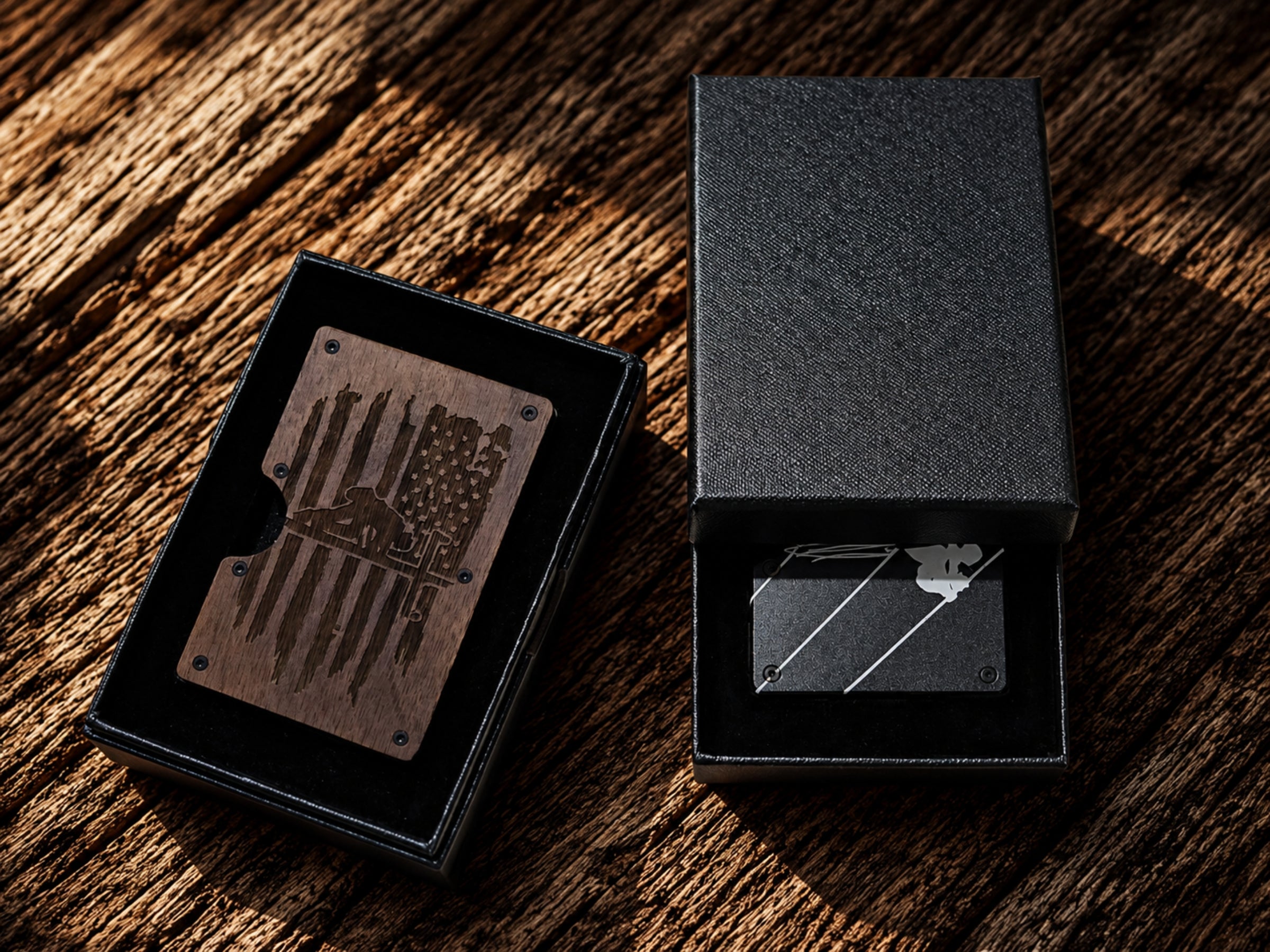 Personalized lineman wallet money clip shown with black gift box packaging