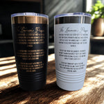 Back side of black and white Lineman’s Prayer tumblers showing engraved prayer text