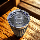 Clear sliding lid detail on black Lineman’s Prayer tumbler