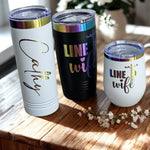 Linewife drinkware gift set with black tumbler, white tumbler, and white insulated cup