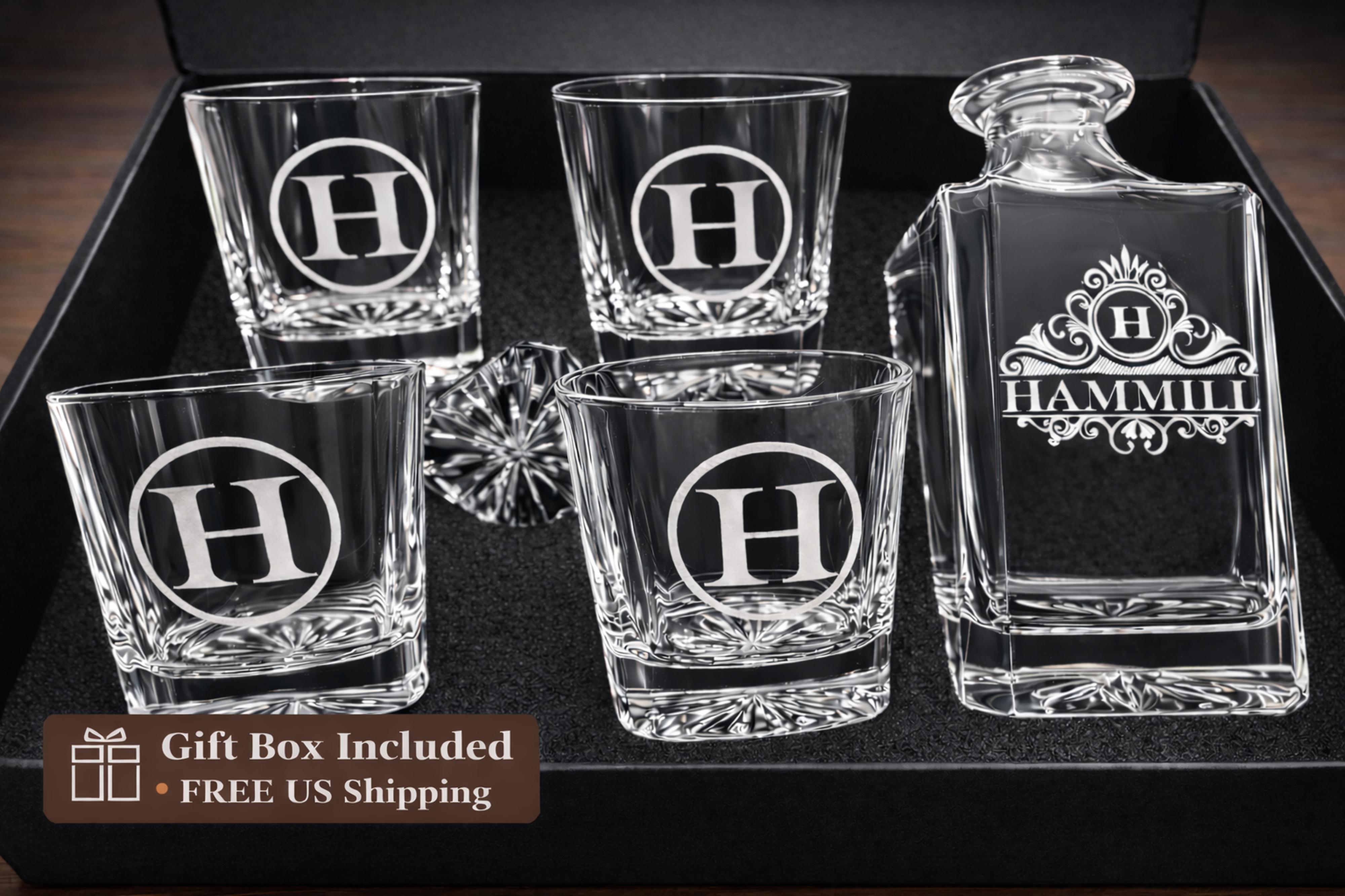 Personalized Whiskey Decanter Set – Engraved Decanter Gift with Glasses gift-ready set view