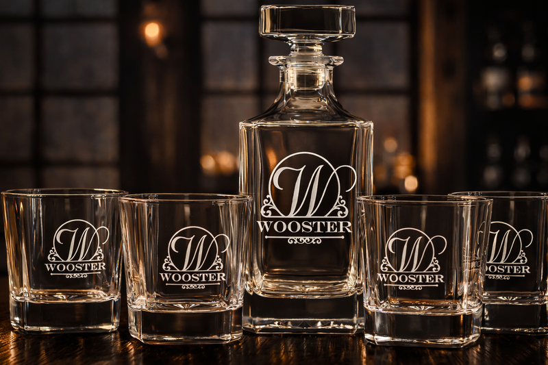 Personalized whiskey decanter set with engraved monogram and four rocks glasses gift set