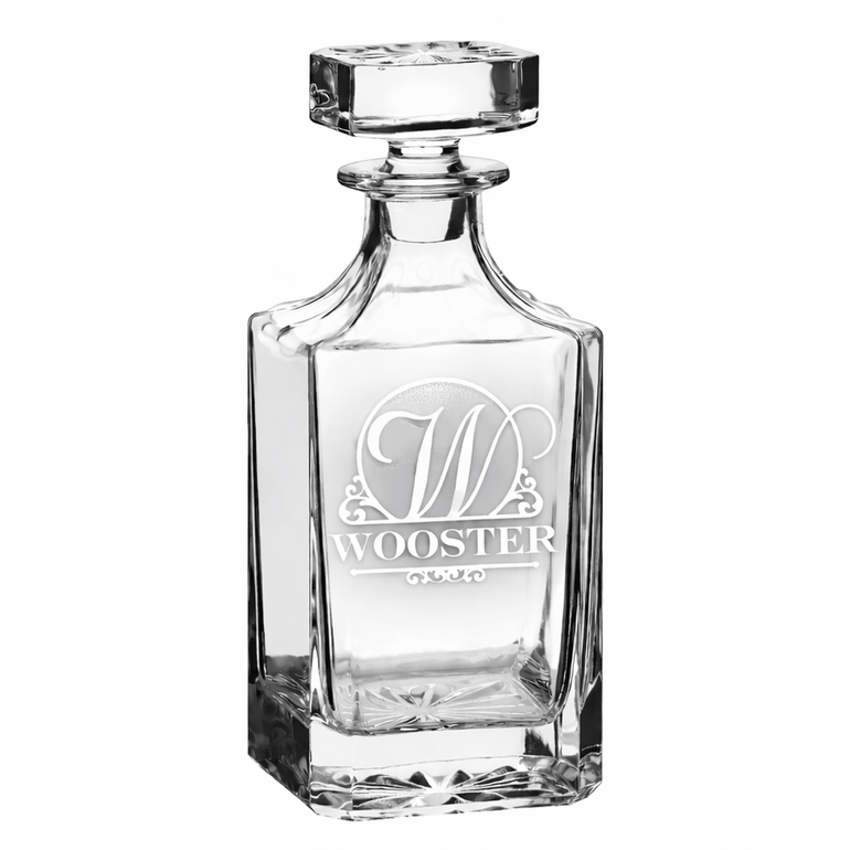 Monogram whiskey decanter and engraved glassware set