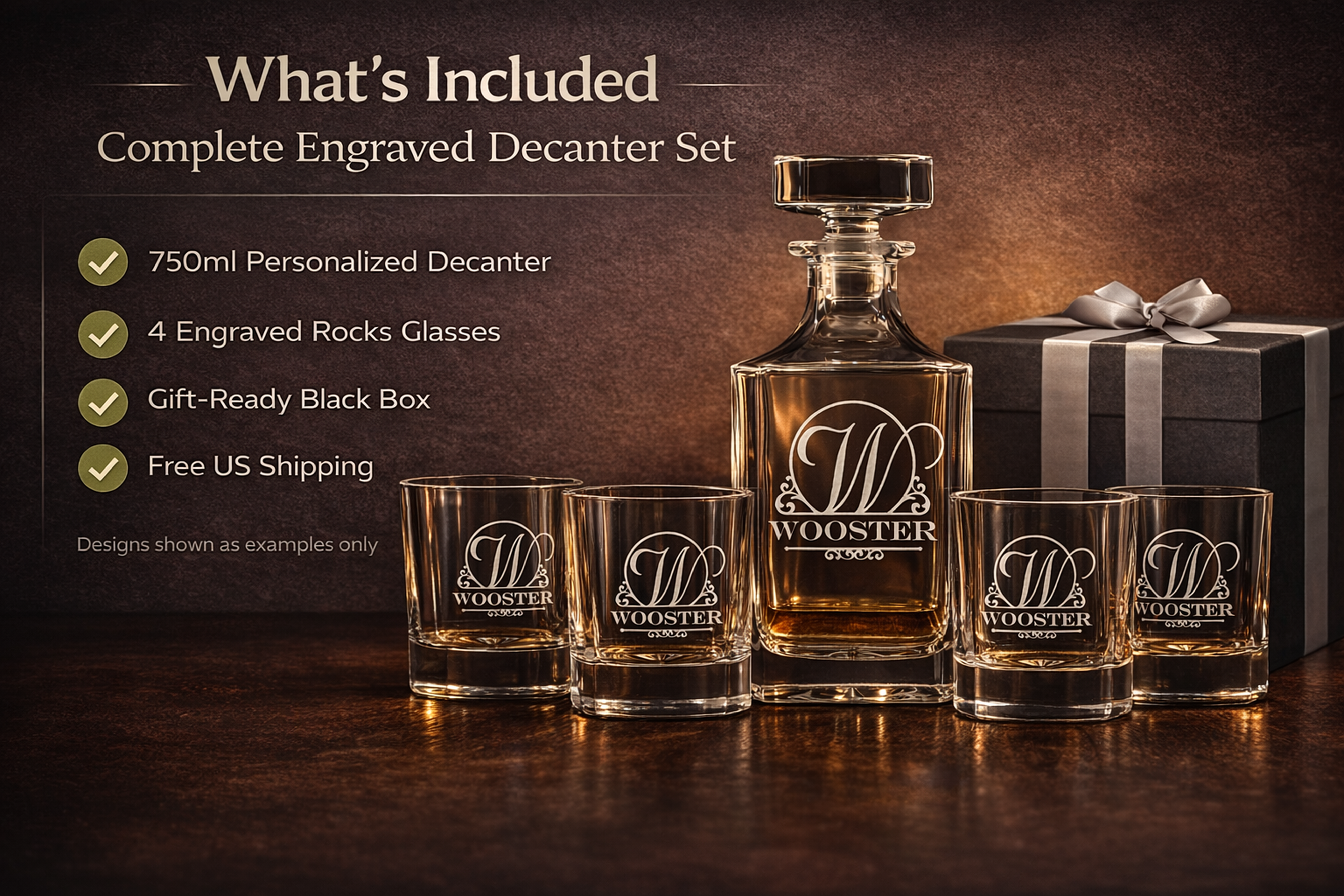 Personalized Whiskey Decanter Set – Engraved Decanter Gift with Glasses engraved glass detail
