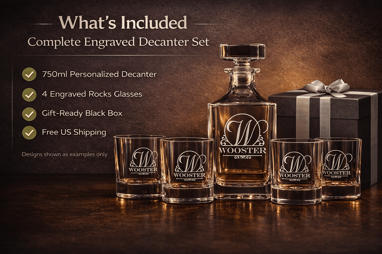 Engraved monogram whiskey decanter gift set