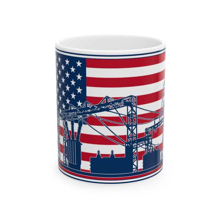 11 oz patriotic substation mug with navy electric utility artwork and American flag