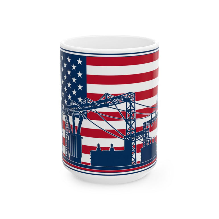 15 oz patriotic substation mug with navy utility artwork and a 50-star American flag