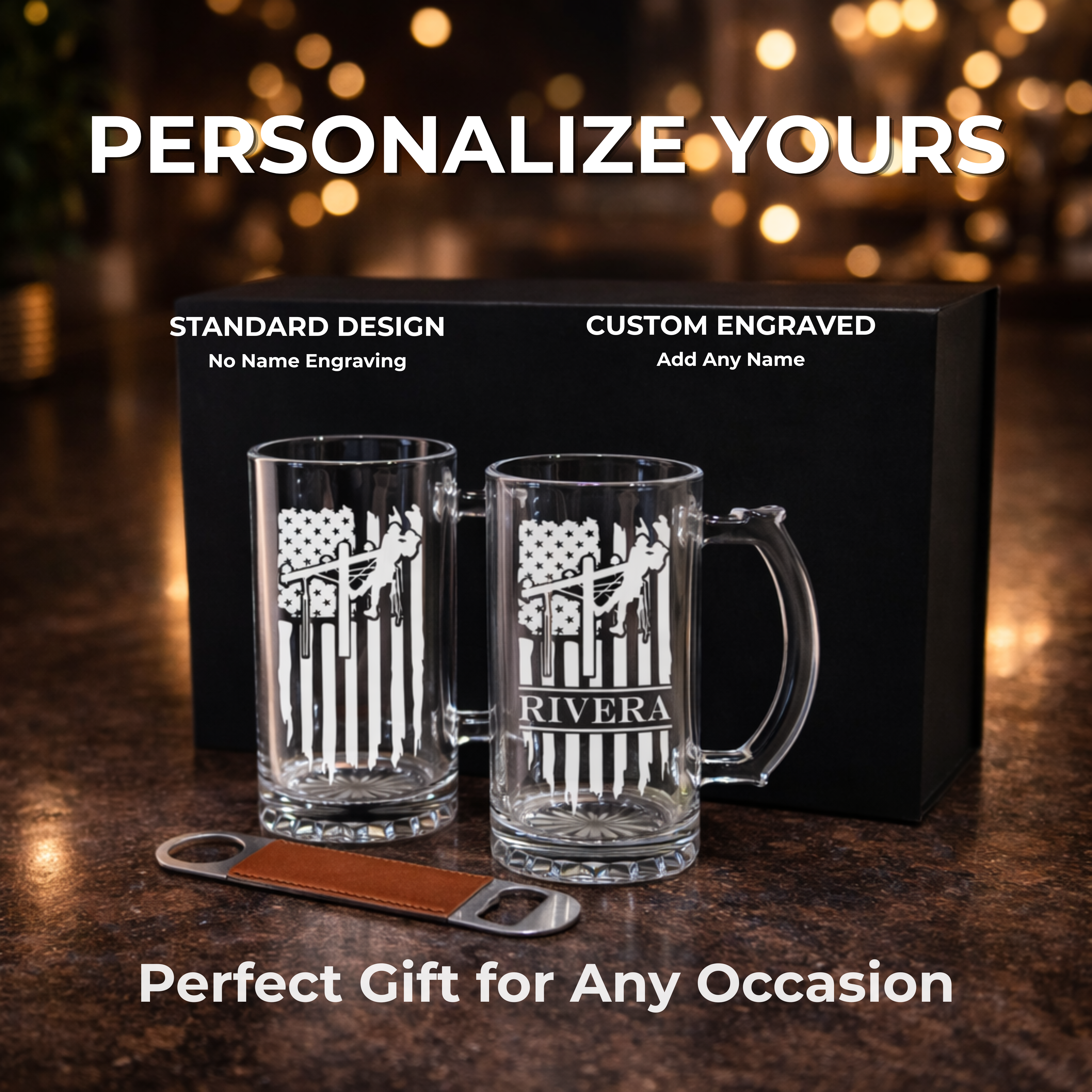 Personalized Lineman Beer Mug Gift Set with Bottle Opener & Gift Box personalization close up