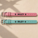 Personalized leatherette dog collars with engraved name examples Miley and Riley