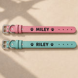 Personalized leatherette dog collars with engraved name examples Miley and Riley