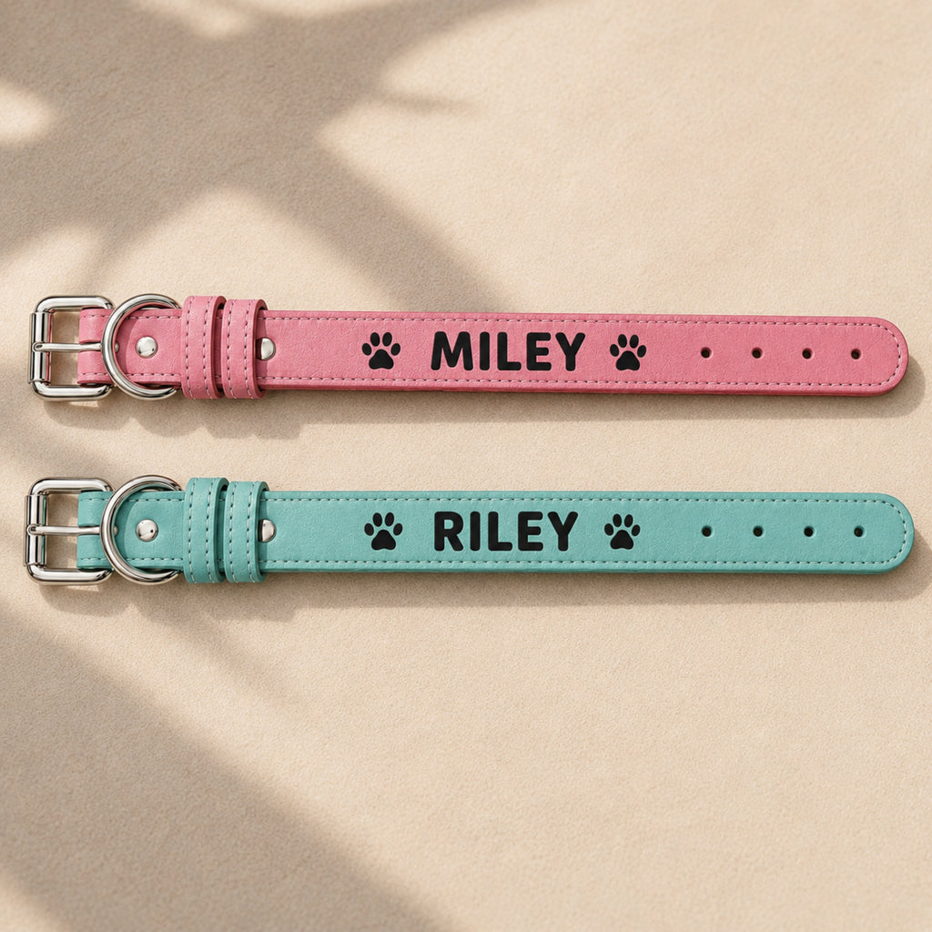 Personalized leatherette dog collars with engraved name examples Miley and Riley