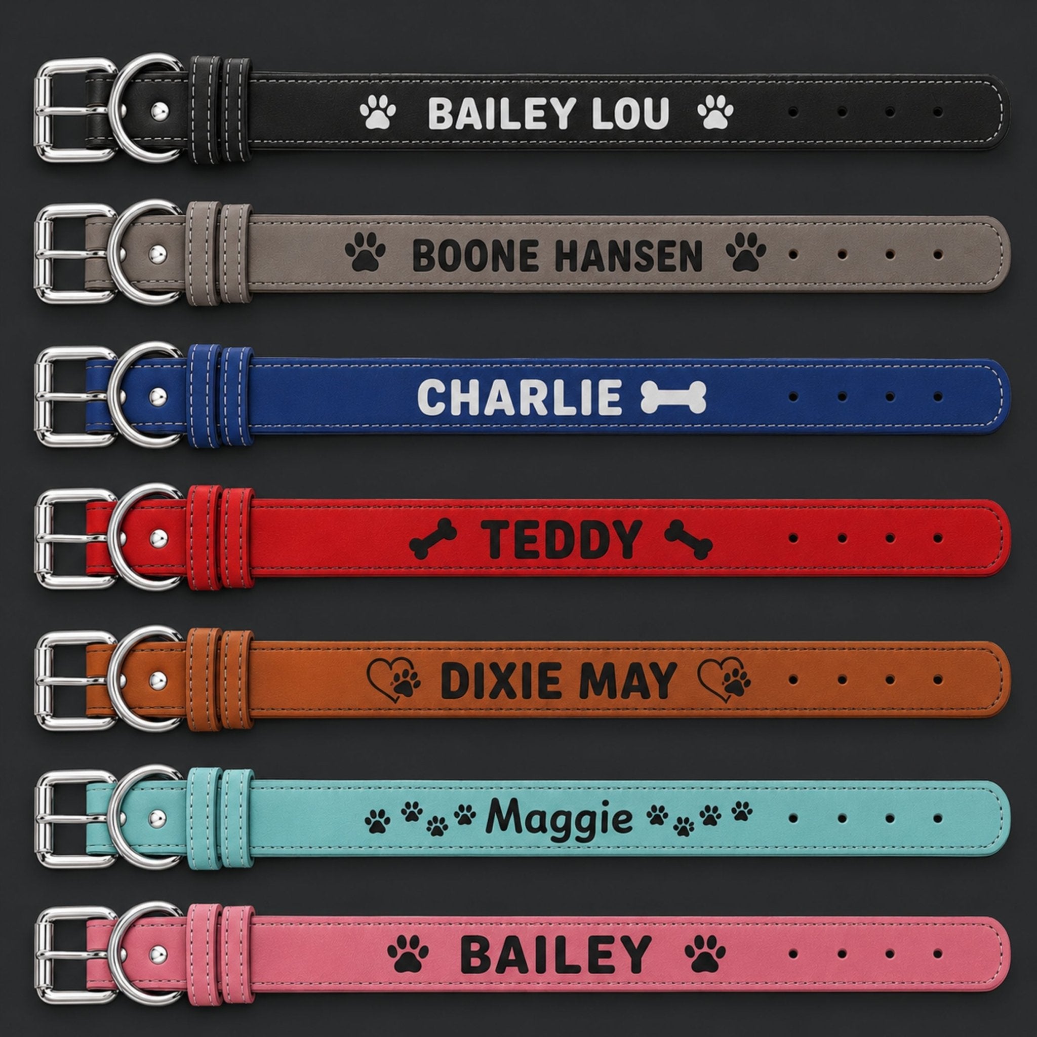 Personalized leatherette pet collar color options with engraved name examples