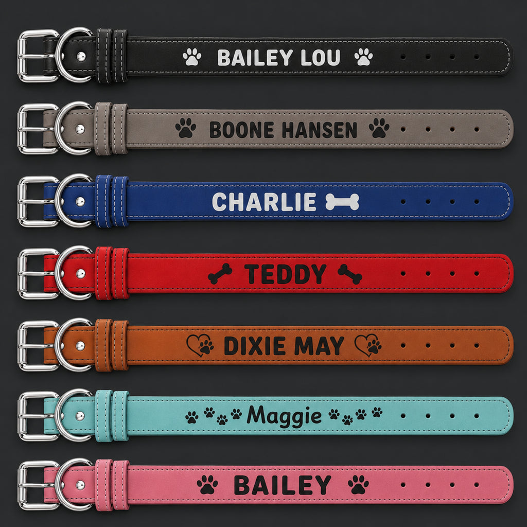 Personalized leatherette pet collar color options with engraved name examples