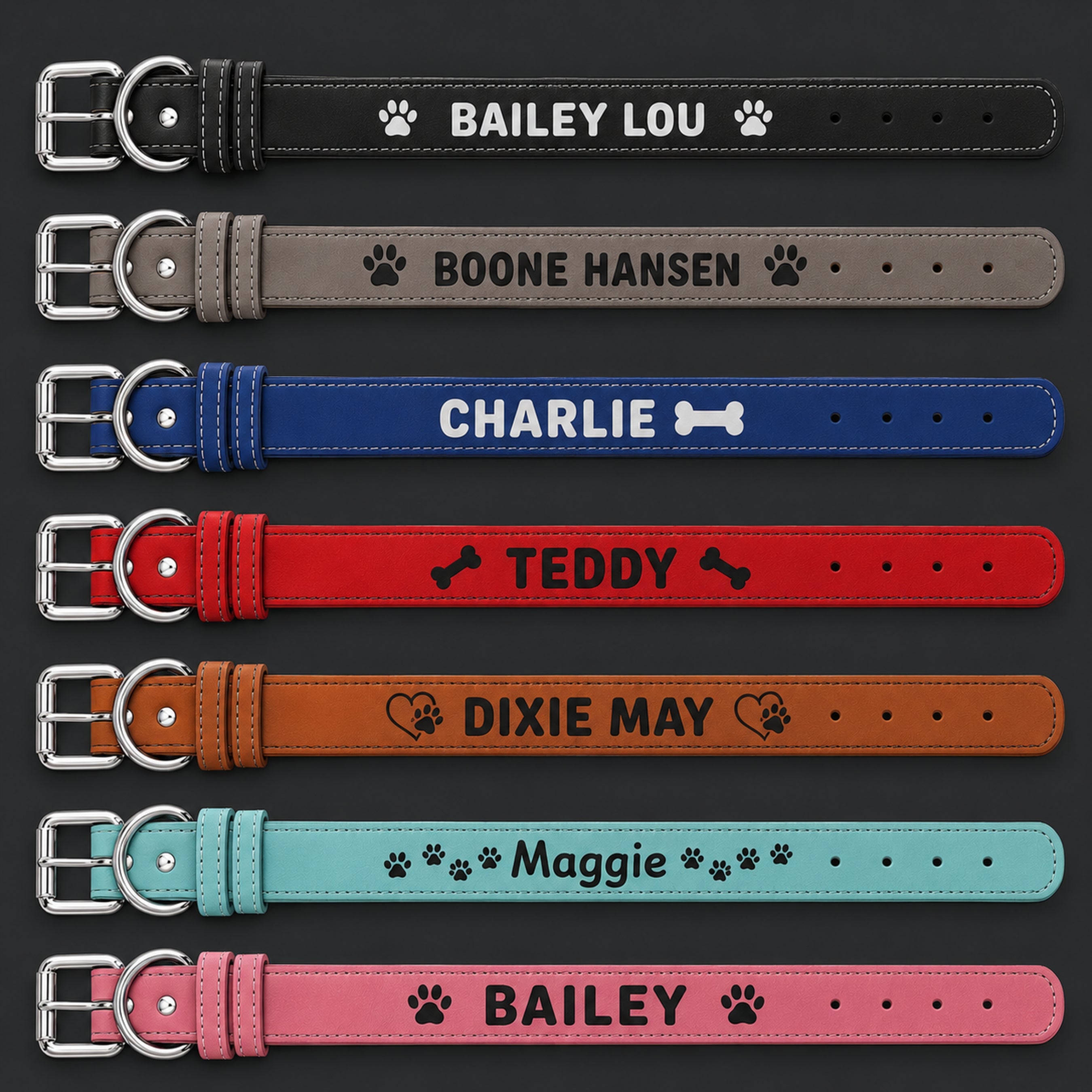 Personalized leatherette pet collar color options with engraved name examples