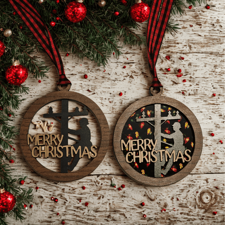 Personalized lineman Christmas ornament set with standard and decorative backing options