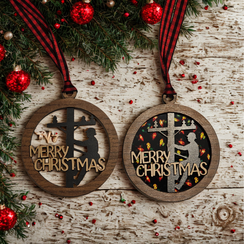 Personalized lineman Christmas ornament set with standard and decorative backing options