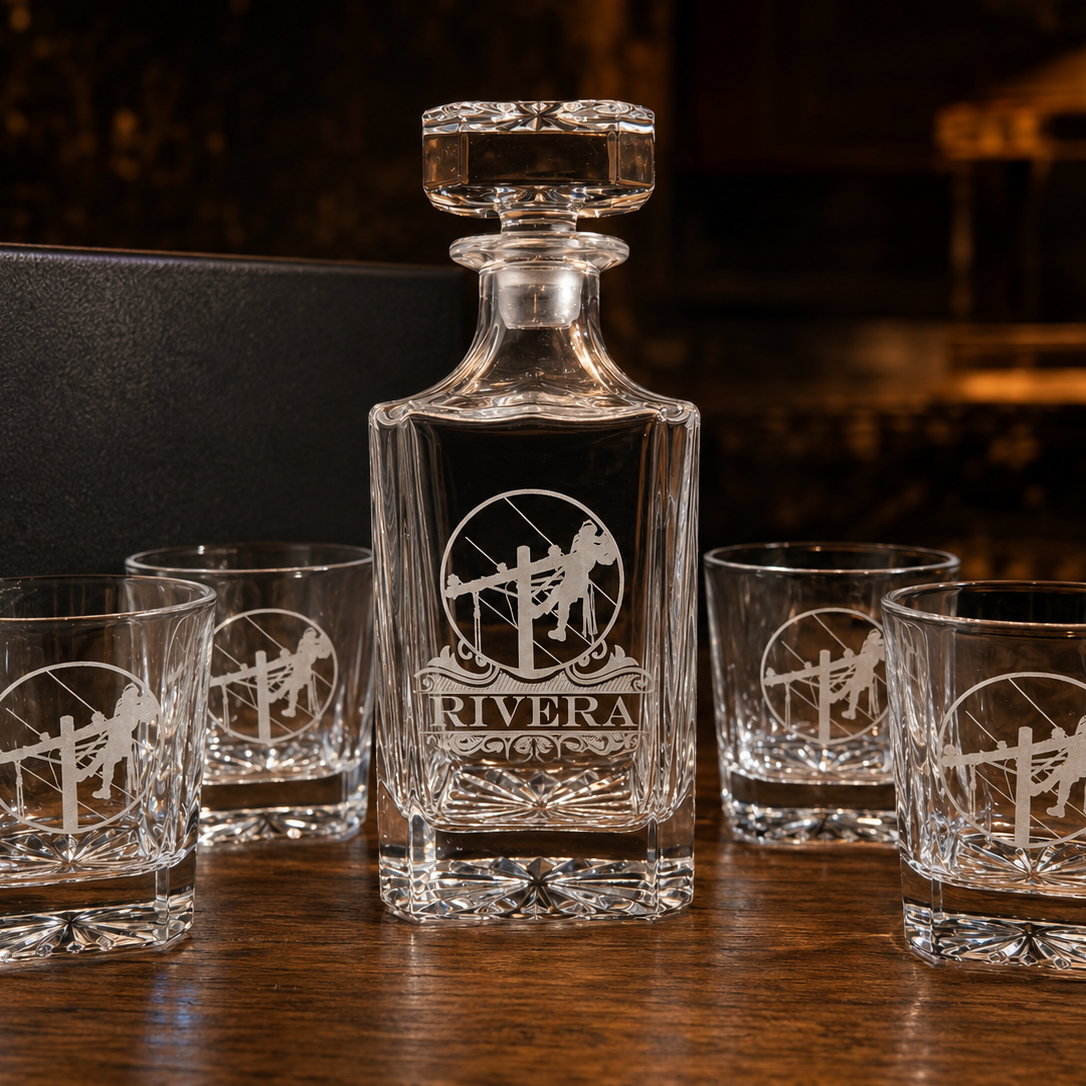 Personalized lineman whiskey decanter set with engraved decanter and four matching rocks glasses