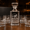 Personalized lineman whiskey decanter set with engraved decanter and four matching rocks glasses