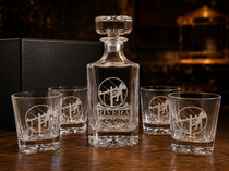 Personalized lineman whiskey decanter set with engraved decanter and four matching rocks glasses