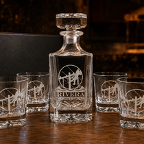 Personalized lineman whiskey decanter set with engraved decanter and four matching rocks glasses
