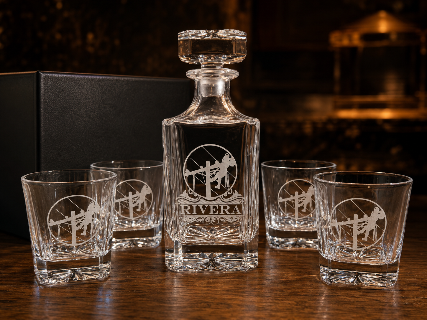Personalized lineman whiskey decanter set with engraved decanter and four matching rocks glasses